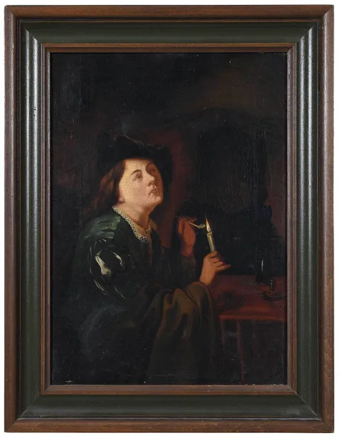 Godfried Schalcken, Man Lighting a Pipe with a Candle, oil on canvas