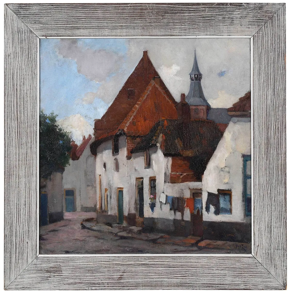 Abraham van der Zee, Laundry Drying on a Village Street, oil on canvas board