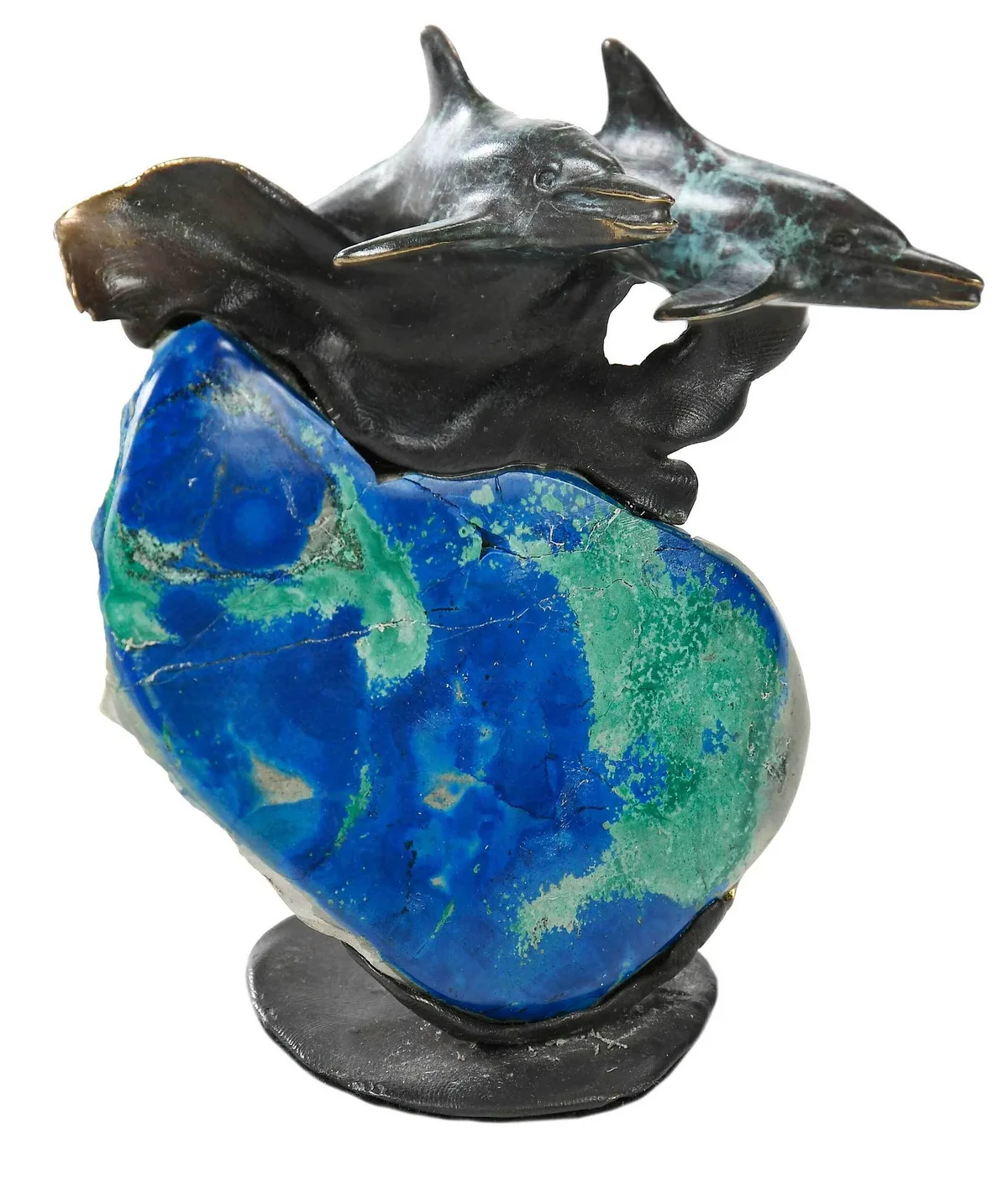 Dolphins Riding a Wave by Michael Storey, patinated bronze with inset stone of lapis lazuli with chrysocolla, offered Sep 2022