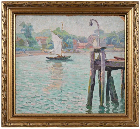 Elizabeth Galbraith McIntyre Jewell, Coastal Scene, estate stamp verso, oil on board