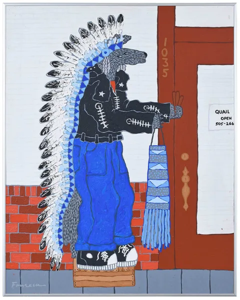 Harry Mona Fonseca, Coyote in Front of Studio, oil on canvas