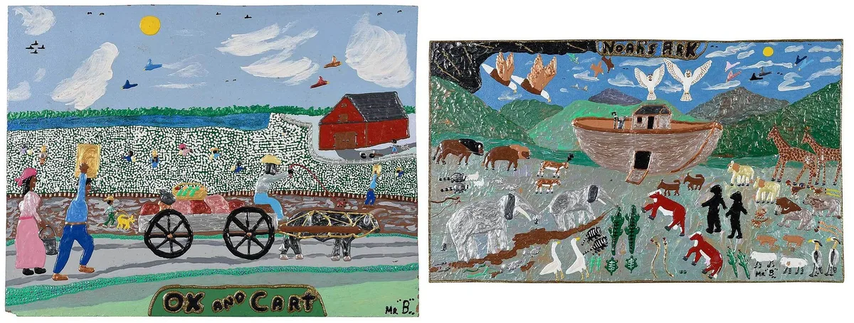 Jack Beverland, Two mixed media paintings: Noah's Arc, mixed media on clapboard wood panel