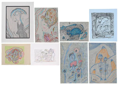 Jerry Coker, Three works: Untitled, House and Animals, colored pencil and ink on paper