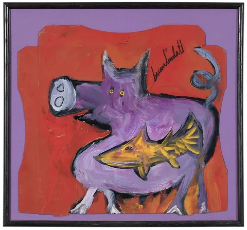 Brian Dowdall, Pig with fish, oil on cardboard