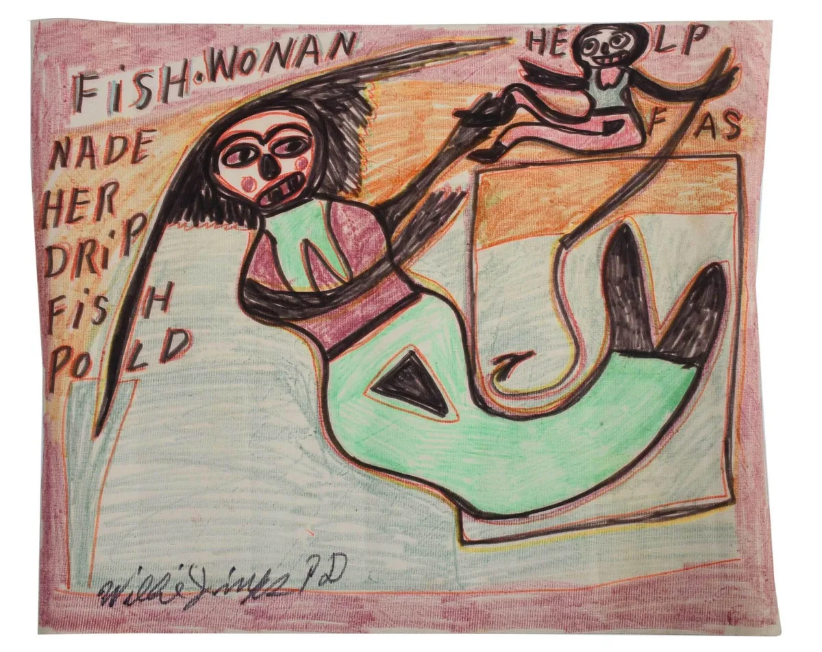 Fish Woman Witch by Willie Jinks, crayon on textured vinyl, sold Jul 2022