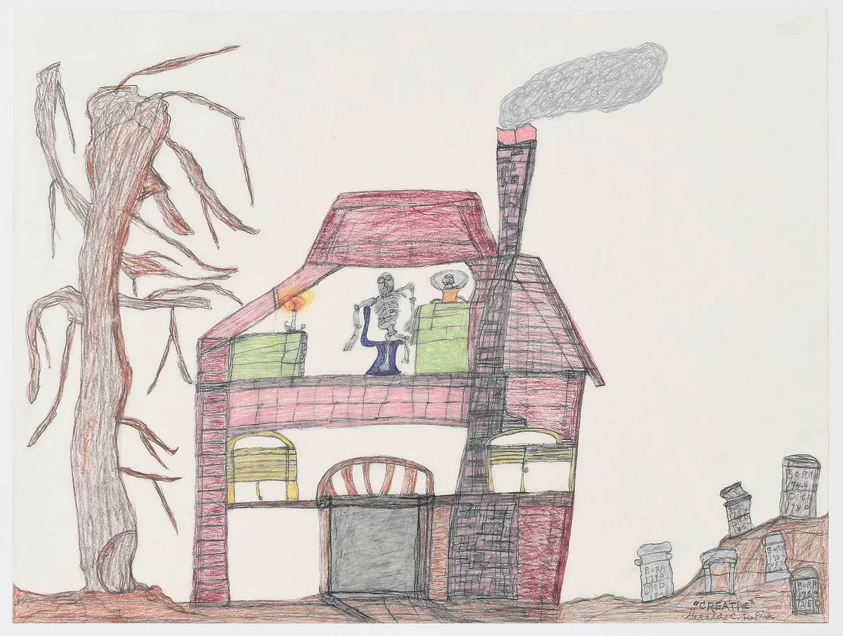 Graveyard and House by Gerald Creative De Prie, crayon on paper, offered Jul 2022