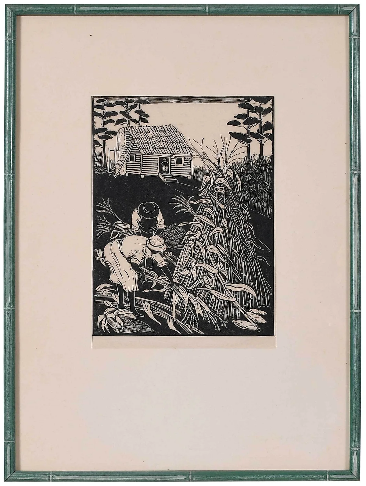 Corn Harvest by Anna Heyward Taylor, linoleum block print on rice paper, sold Jul 2022
