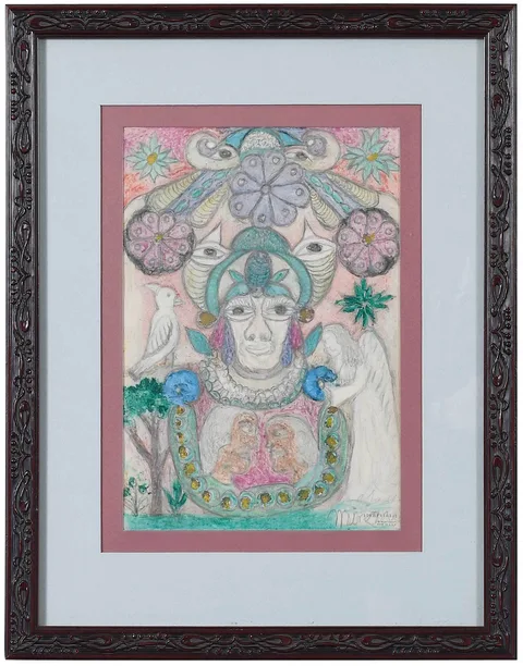 Minnie Evans, Untitled, Five Faces with Angel, pencil and crayon on paper