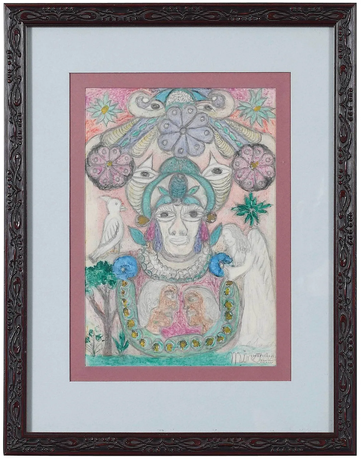 Untitled, Five Faces with Angel by Minnie Evans, pencil and crayon on paper, sold Jul 2022