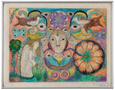 Minnie Jones Evans, Untitled, Faces with angel, pencil
