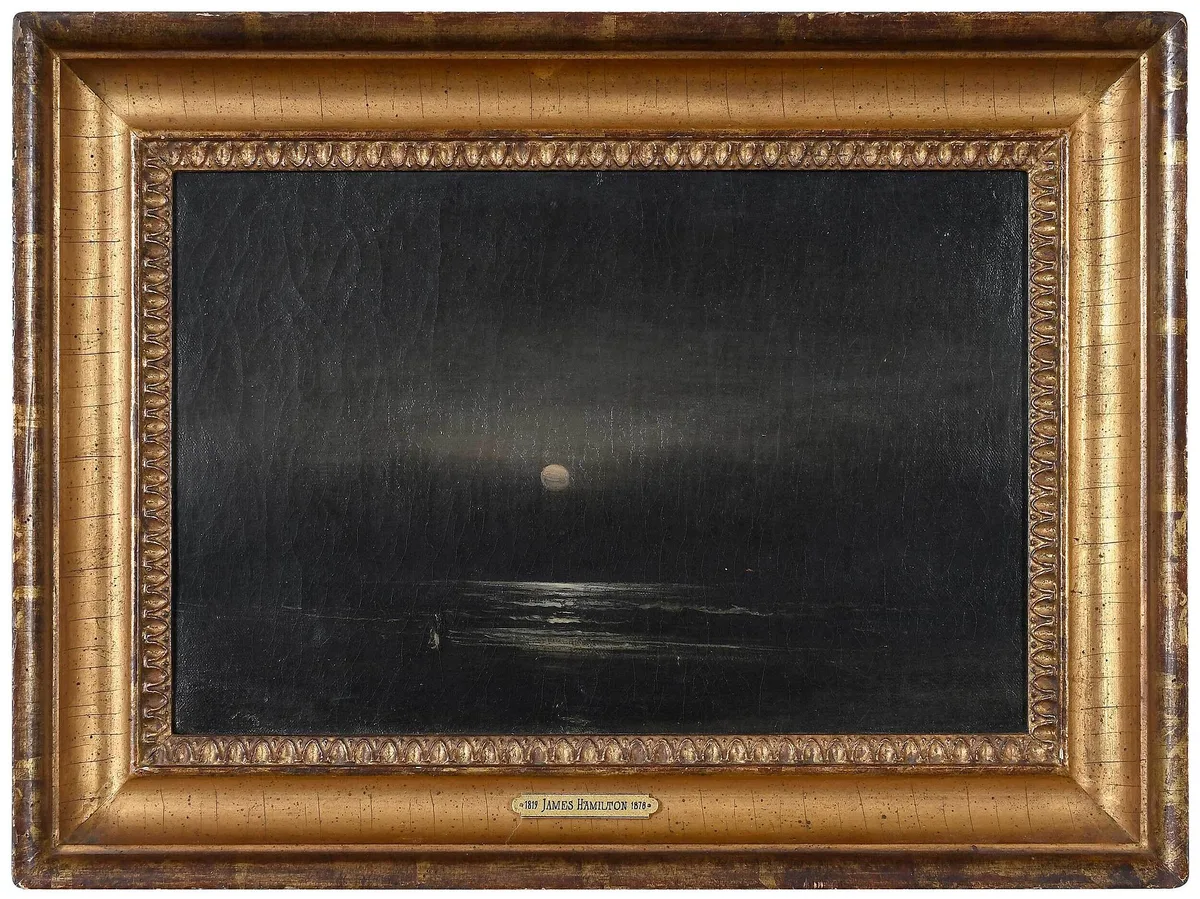 Moonlit Beach Scene by James Hamilton, oil on canvas, sold Jul 2022