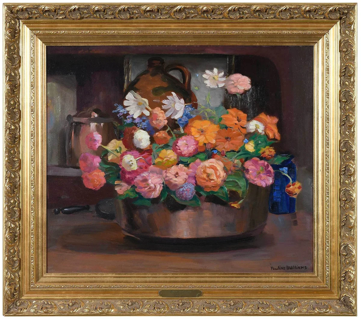 Pauline Bliss Williams, Zinnias and Asters, oil on board