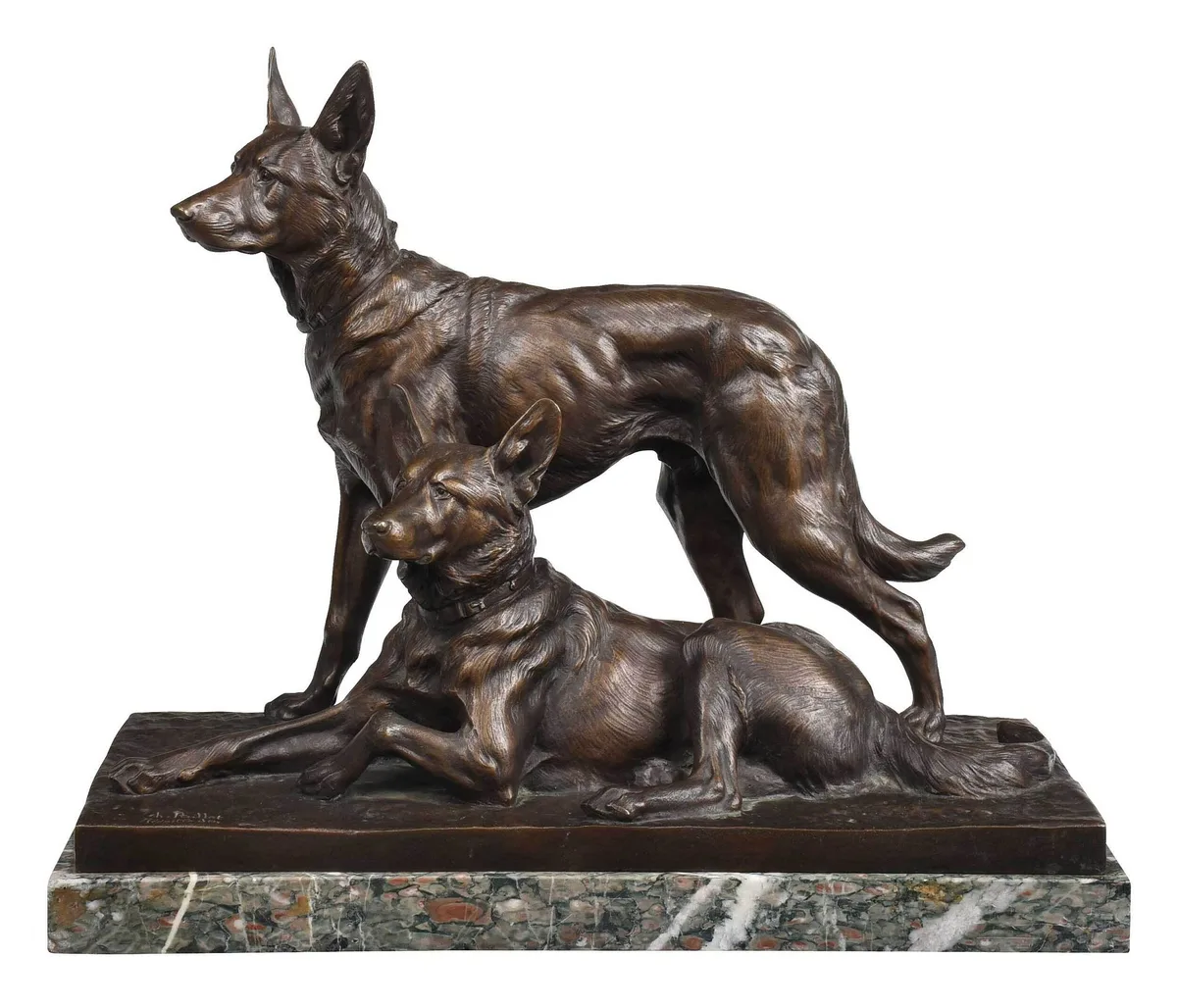 Charles Paillet, German Shepherds, patinated bronze on a green marble base