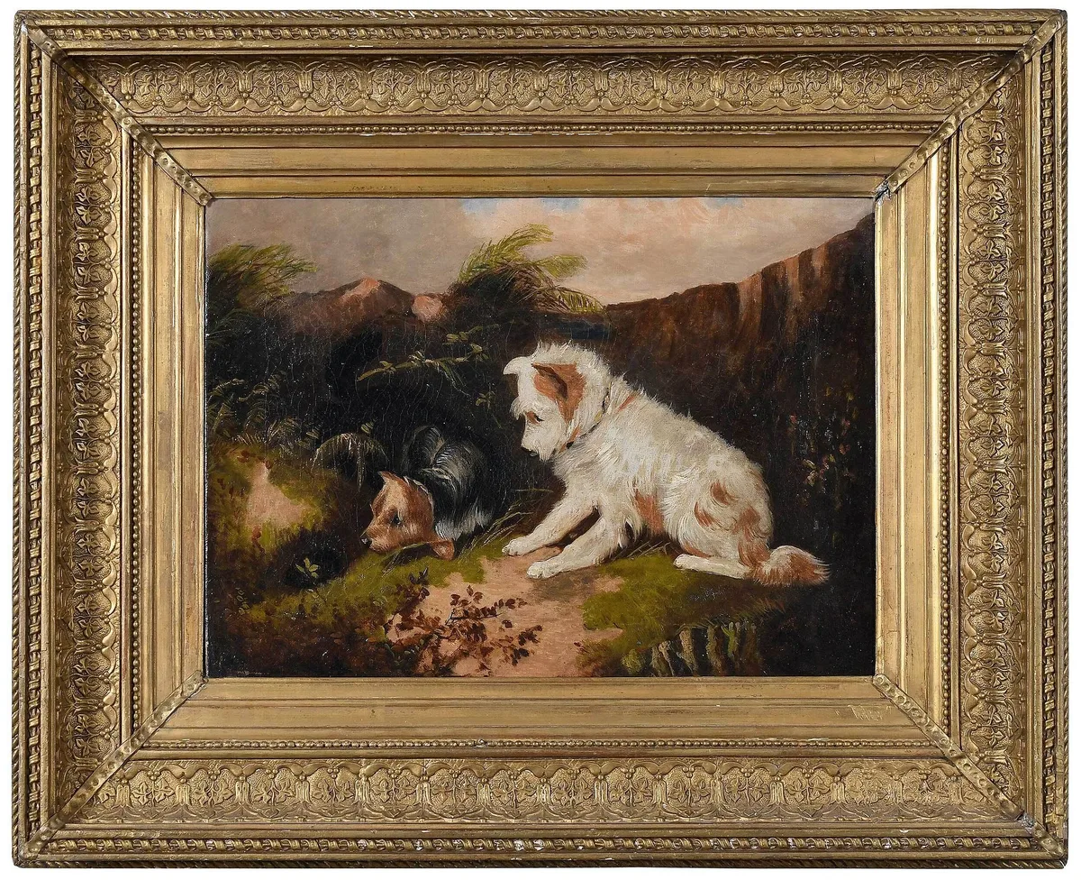 Terriers by George Armfield, oil on canvas, sold Jul 2022