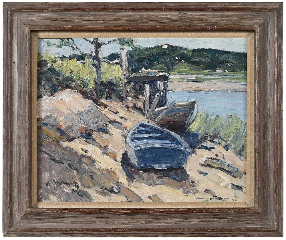 The Blue Dinghy by Walter Farndon, oil on  Masonite, sold May 2022