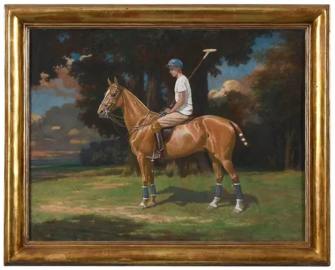 George Ford Morris, William Post II on his Polo Pony Hermosa, 1930, pastel on board