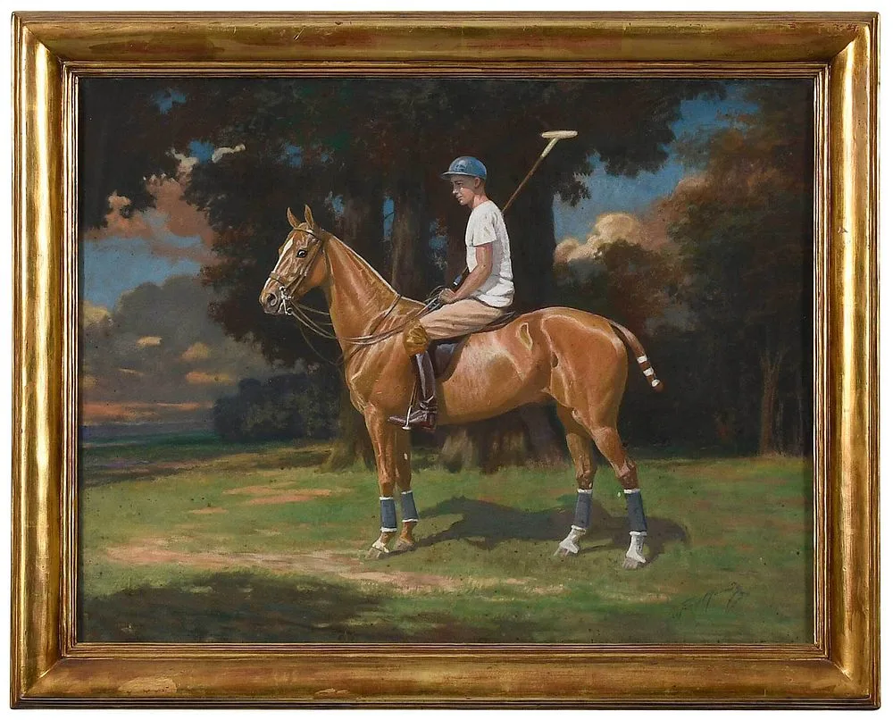 George Ford Morris, William Post II on his Polo Pony Hermosa, 1930, pastel on board