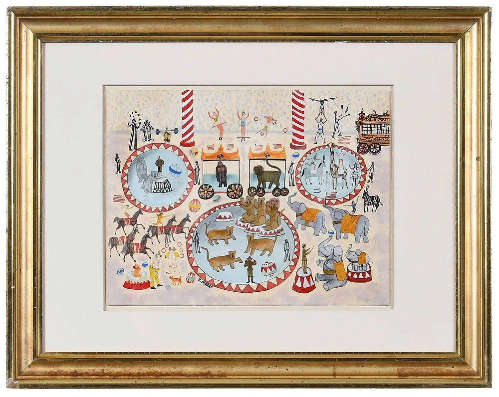 Circus by Janet Munro, mixed media on board, sold May 2022