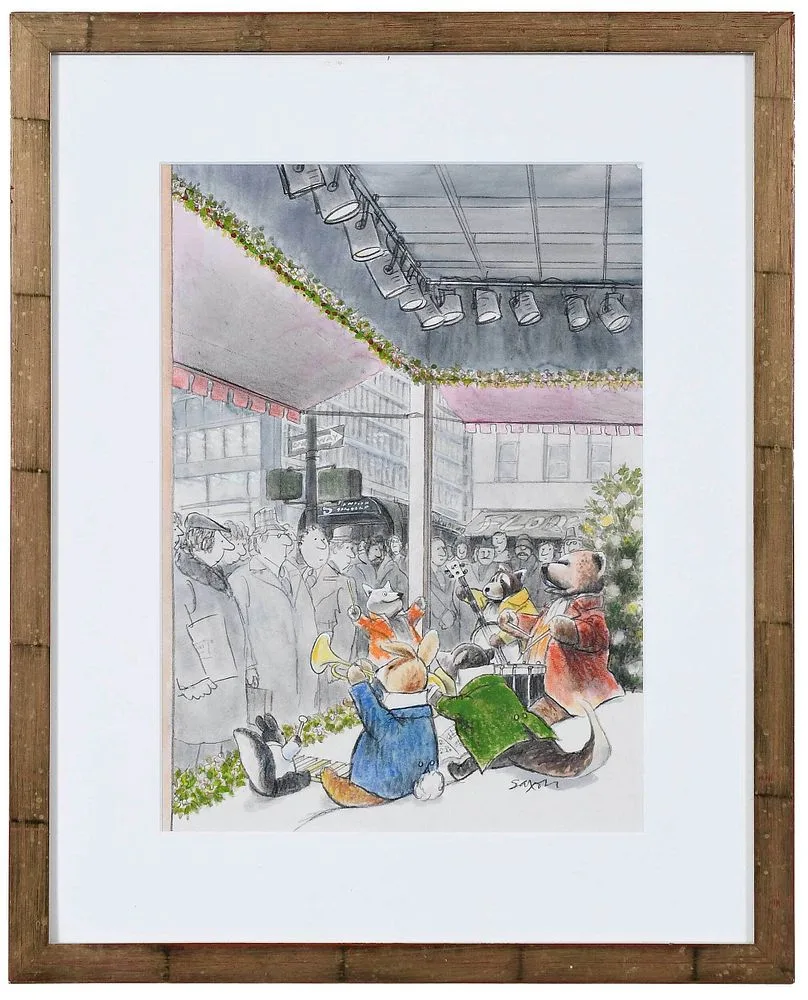 Charles Saxon, Stuffed Animal Band, The New Yorker Magazine cover, from December 7, 1981, crayon on paper