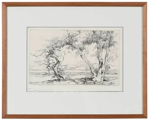 By the River by Alfred Heber Hutty, 1934, etching, sold May 2022