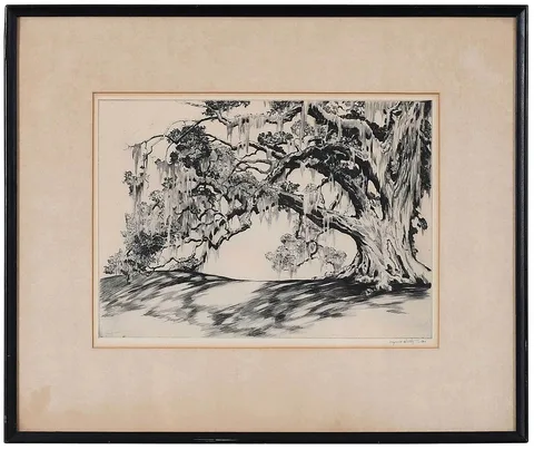 The Patriarch - Middleton Gardens by Alfred Heber Hutty, etching, sold May 2022