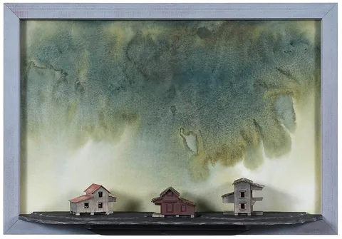 Dolph Smith Mixed Media Assemblage, Japanese Landscape with Three Houses, circa 2010, mixed media construction