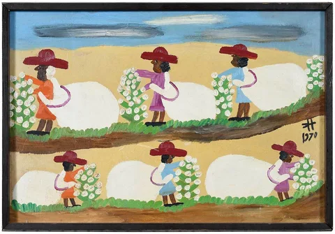 Clementine Hunter, Cotton pickers, oil on board
