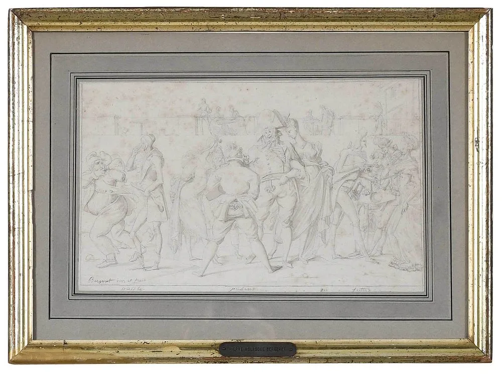 Pierre-Nicolasque Bergeret, Past, Present, Future, satirical figures, pencil and ink wash on paper
