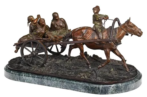 Evgeni Alexandrovich Lanceray, Peasants of Riazan Returning from the Fields, patinated bronze on green marble base