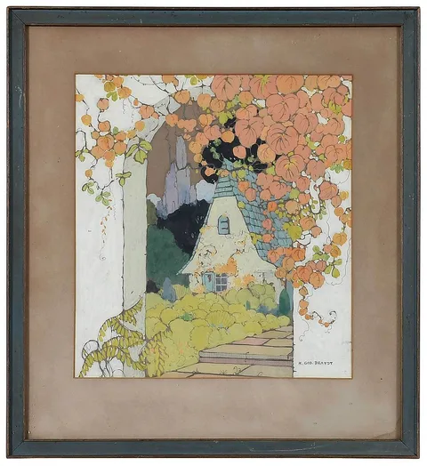 H. George Brandt Original Illustration, Cottage, for House & Garden magazine cover, September 1922, former signature lower right, painted over for publication purposes, gouache on card
