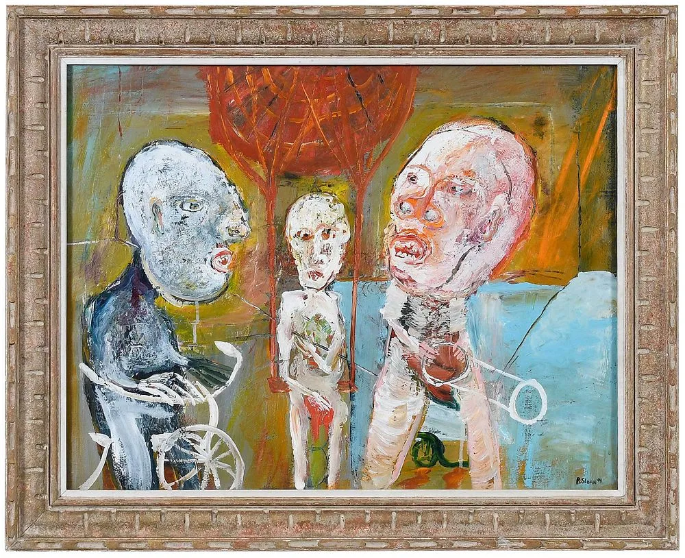 Ronald Sloan, Three men, oil on card