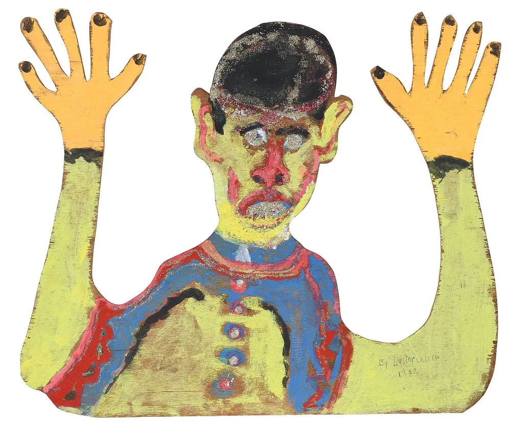 Luster Willis, Man with orange hands, tempera and glitter on plywood