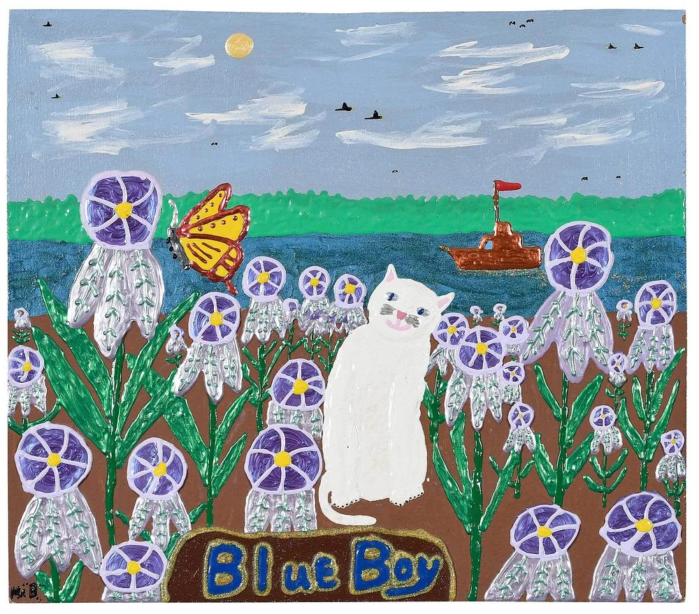 Blue boy by Jack Beverland, 1994, mixed media on wood clapboard, sold May 2022