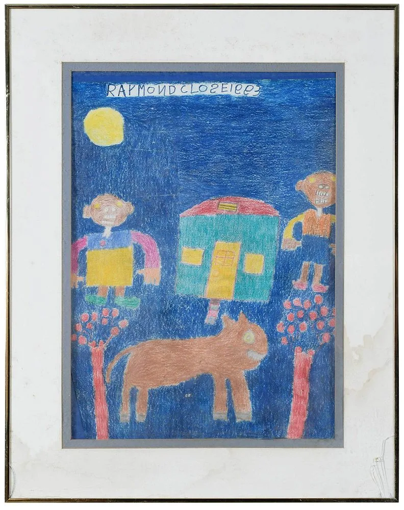 Raymond Close, Kids with house and dog, crayon on paper