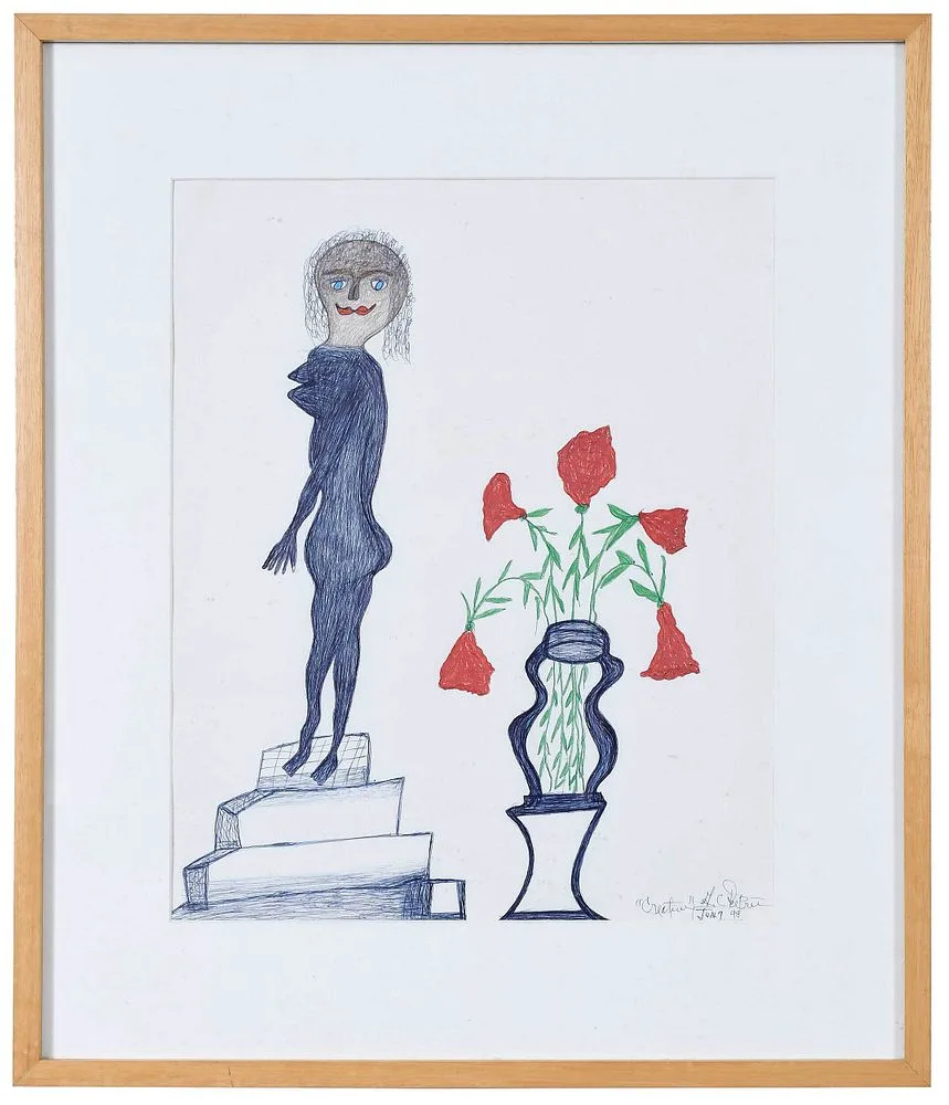 Gerald Creative De Prie, Nude with Flowers, 1998, crayon and pen on paper