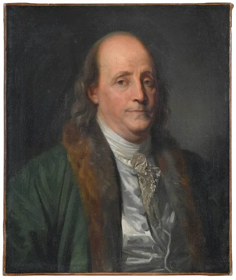 Joseph-Marie Vien, Benjamin Franklin, in a fur trimmed green coat, oil on canvas