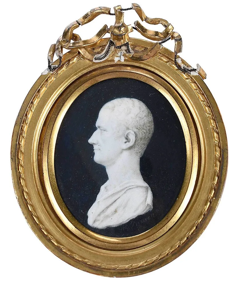Henry Inman, Alexander Hamilton Portrait Miniature, after the 1794 life portrait sculpture in marble by Giuseppe Cerrachi, watercolor on ivory