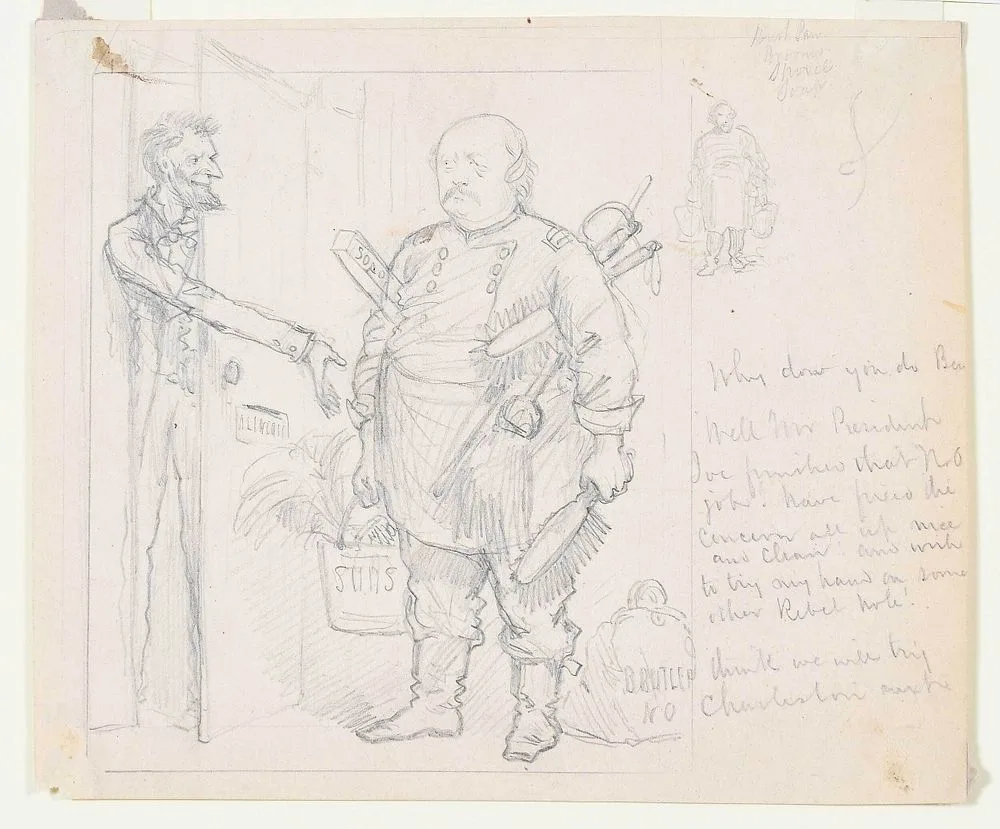 John McLenan, President Lincoln and General Butler, a drawing for Harper's Weekly, the cartoon published January 17, 1863, pencil on paper