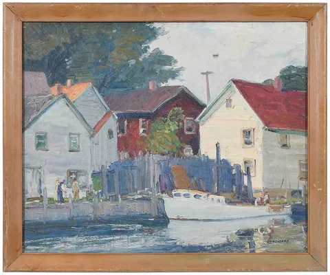 George Renouard, Dock Scene, oil on canvas