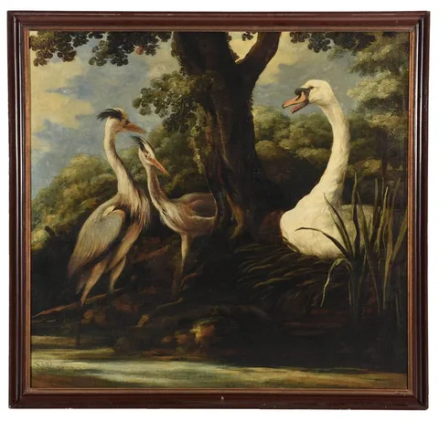 Jean-Baptiste Oudry, Two Herons with a Swan Guarding Its Nest, oil on canvas