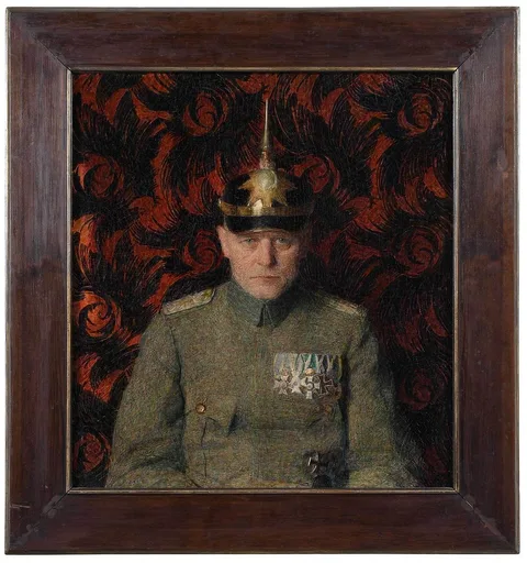 Oskar Zwintscher, Portrait of a German Officer of a Line Infantry Regiment, wearing a Saxon model pickelhaube with an eight pointed starburst, central wappen in silver, oil on paperboard with sgraffito