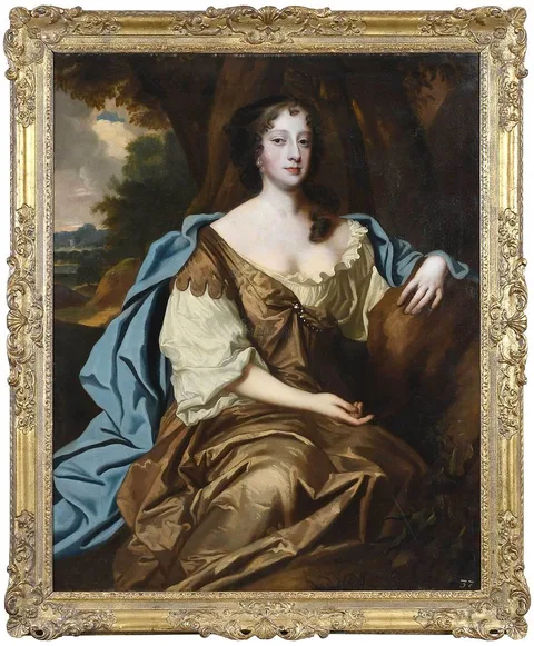 Sir Peter Lely, Lady Seated in a Landscape, in gold satin gown and blue drape, oil on canvas