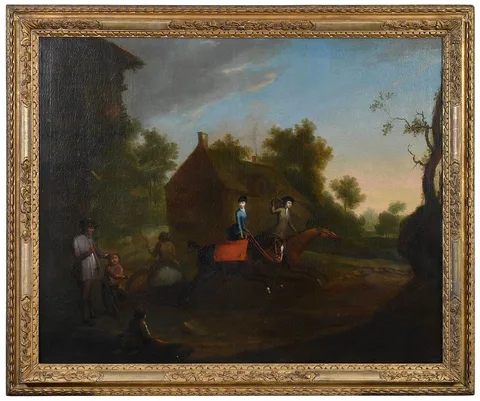 James Ross, An Elegant Couple Racing Horses Through a Village, oil on canvas