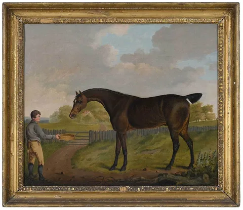 Thomas Weaver, A Groom Feeding a Dark Bay Hunter, oil on canvas