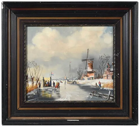 Rudolf Hendrik Oldeman, Skating on a Frozen River, oil on panel