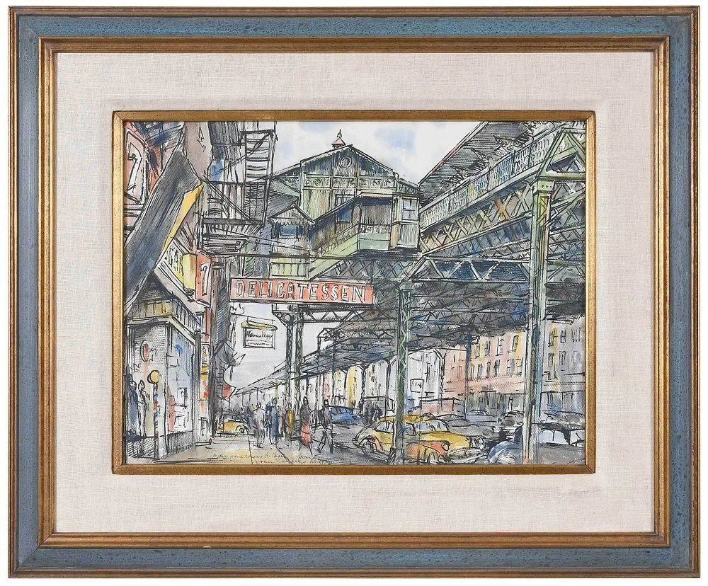 John Cheikly, Under the El, New York City, 1950, watercolor and ink on paper
