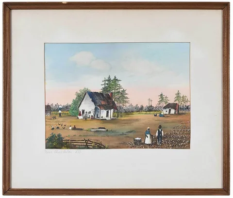 Emmie Mayberry McIntire, Farmyard and Cotton field, hand colored lithograph