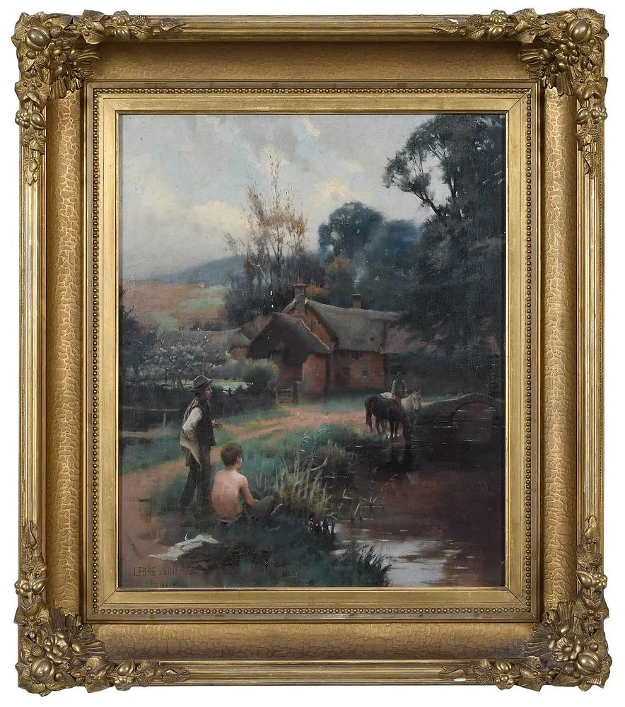 Leghe Suthers, Rural Scene with Figures by a Cottage, oil on canvas