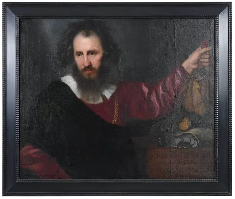 Johann Ulrich Mayr, Man with a Golden Necklace and a Talon Purse, an allegory of greed, oil on canvas