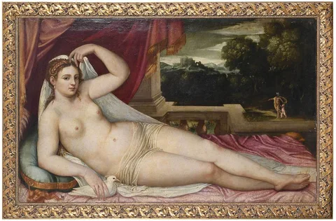Lambert Sustris, Venere nuda distesa con Mercurio e Cupido sullo sfondo del paesaggio, (Reclining Nude Venus with Hermes and Cupid in a Landscape) (D. 147.3, F. Z. 42868), an early copy possibly 16th century, oil on canvas